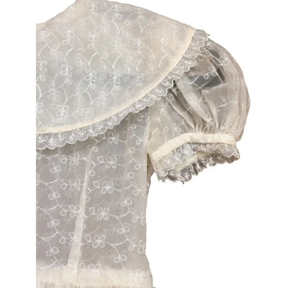 Vintage White Lace Dress Embroidered Semi Sheer Short Sleeve Girls Size 8-10